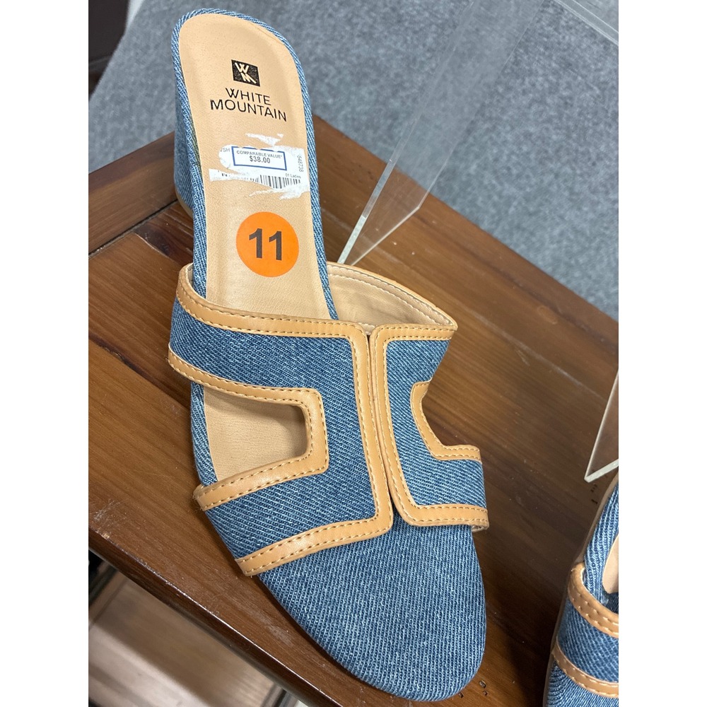 Denim White Mountain Block Heel Mules Blue Tan Cutout Sandals Size 11